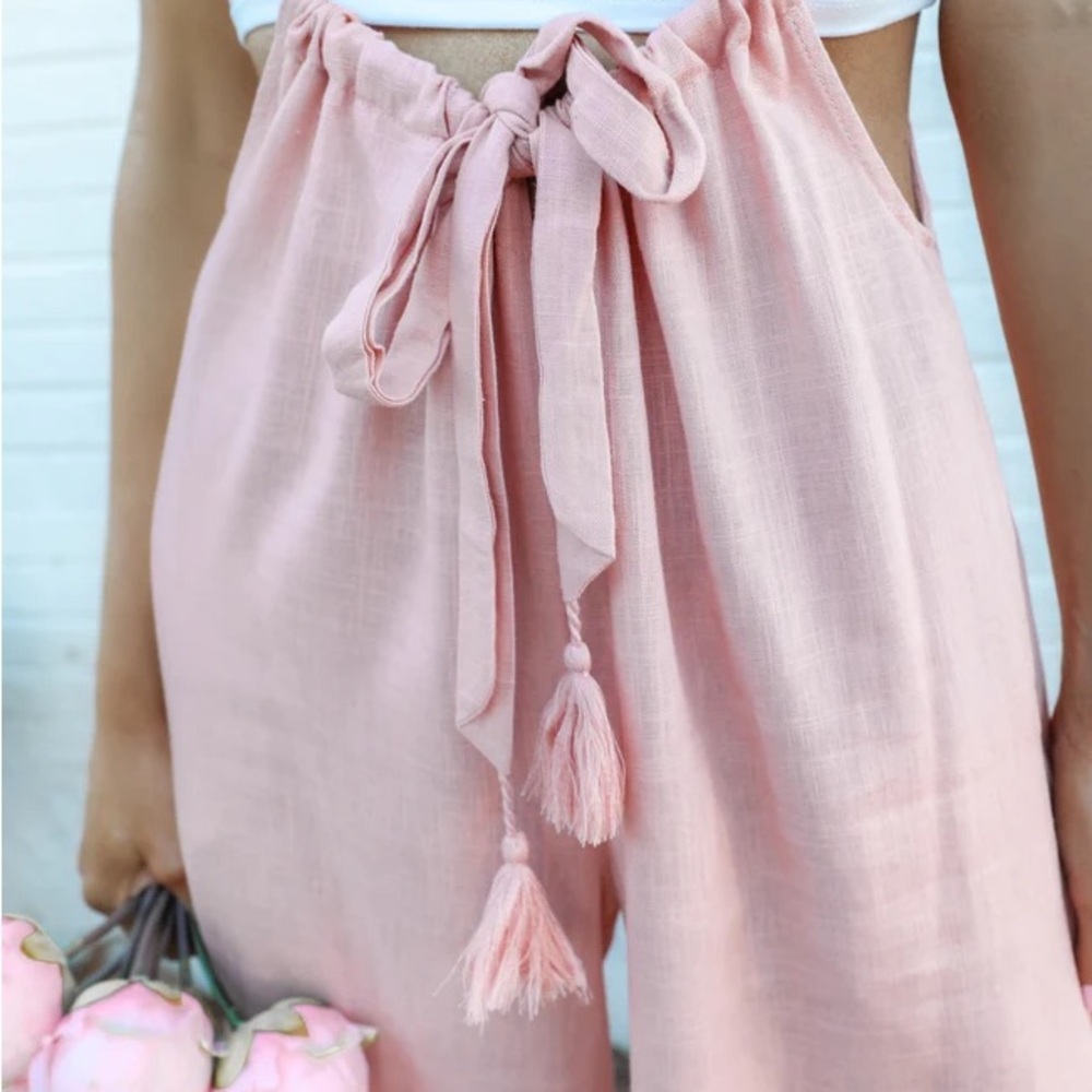 Mazik Boho Pink Linen Wide Leg Jumpsuit Suspender Overalls Tassels NEW - Picture 5 of 7